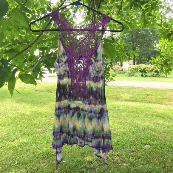 Semi sheer tie dyed crocheted back tank - Picture 6 of 14